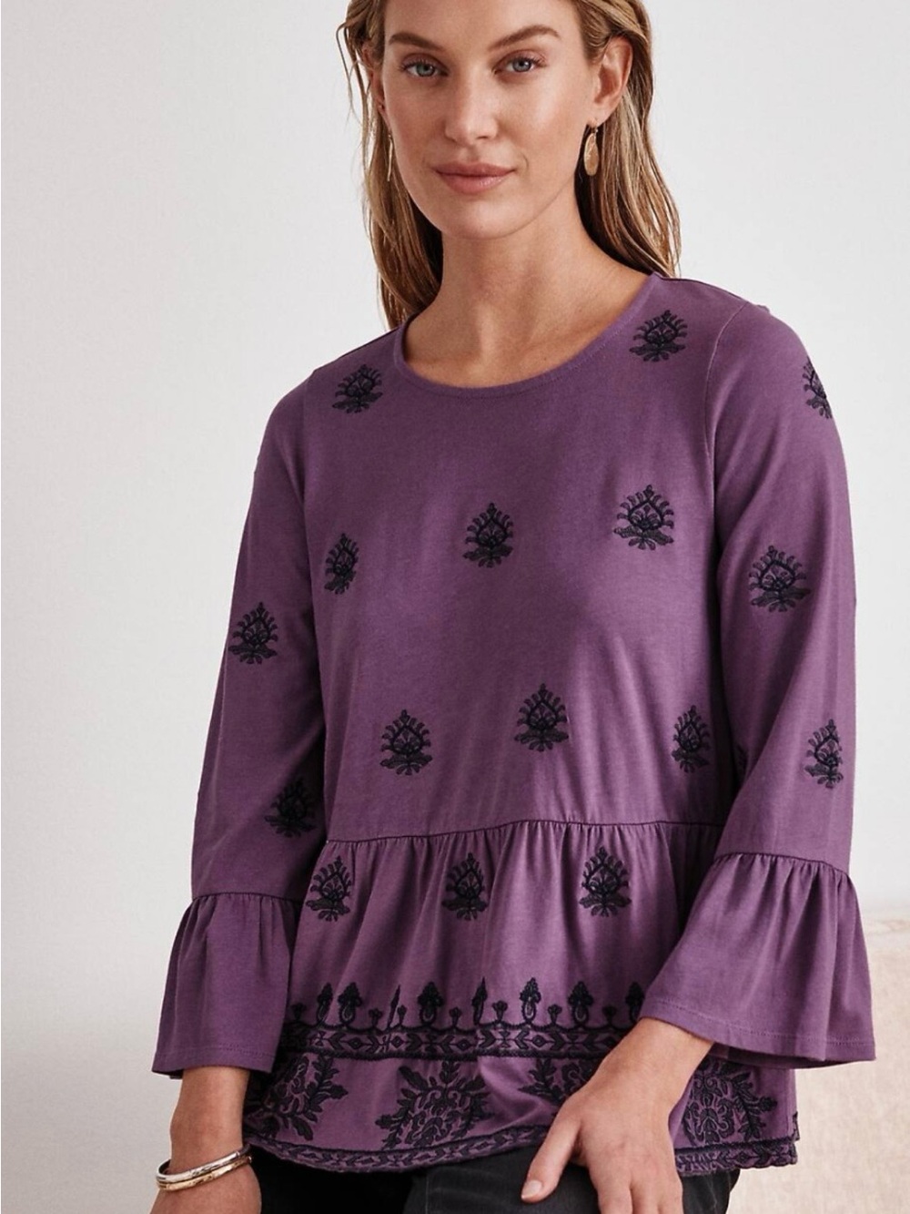 J. Jill Pure Jill Embroidered-Knit Flounced Top Cotton Modal Blend Size XL Tall